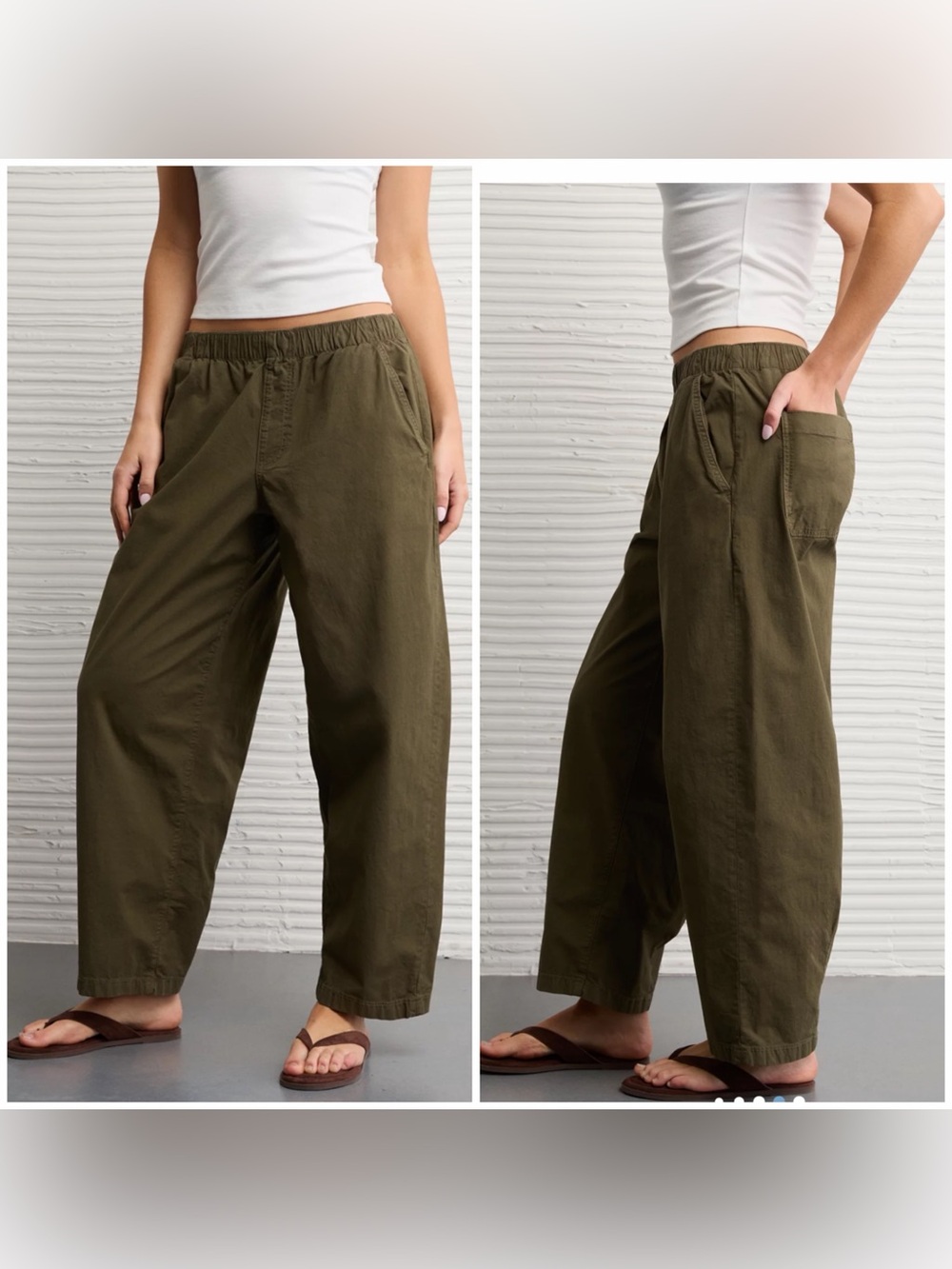 American Eagle AE Low-Rise Pull-On Barrel Pant Camper Green Stretch Sz XS NWT